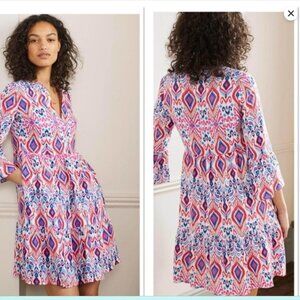 Boden Relaxed Linen Ikat Print Tiered Dress - 10P